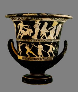 Cratera de cálice ático de figuras vermelhas com dois frisos de imagem sobreposta mostrando a vida de Teseu acima e Prometeu, sátiros e outras figuras abaixo, 425 aC (cerâmica)